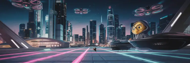 Futuristic cityscape with drones and neon lights.