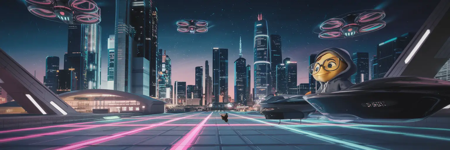 Futuristic cityscape with drones and neon lights.