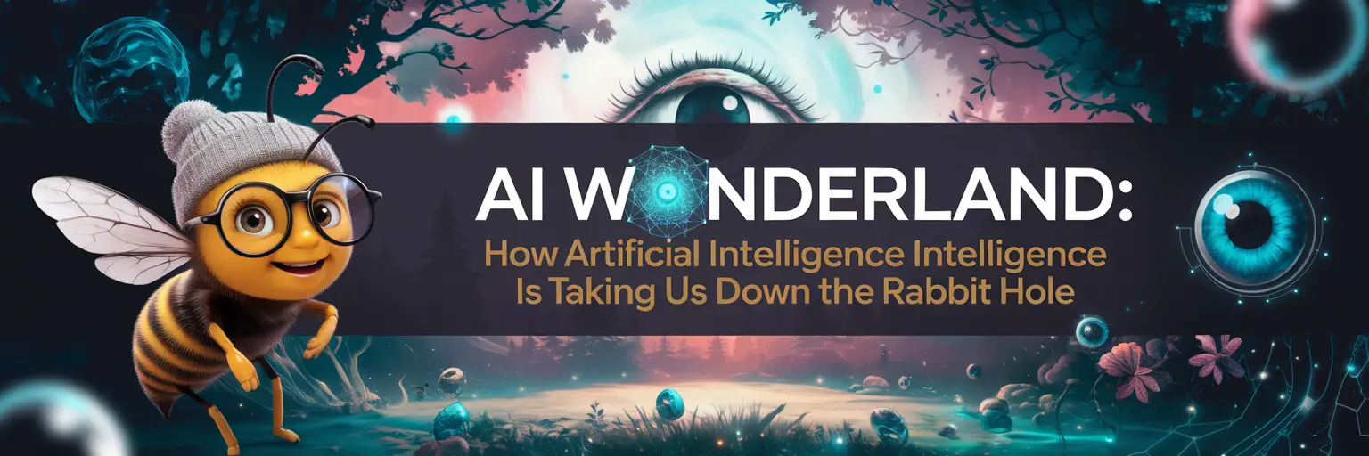 Bee with AI theme and whimsical forest background.