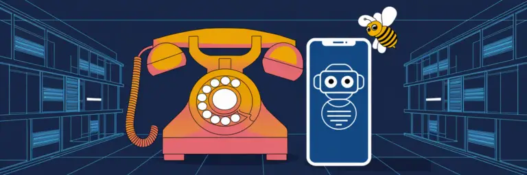 Vintage phone beside smartphone and flying bee.