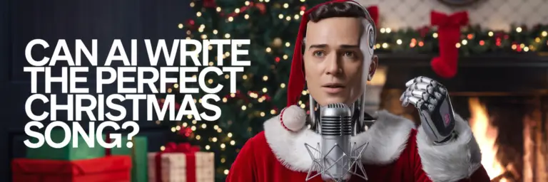 Robot in Santa costume holding microphone by Christmas tree