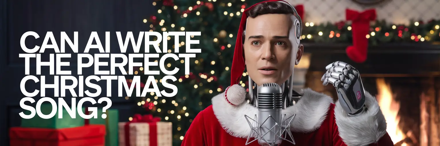 Robot in Santa costume holding microphone by Christmas tree