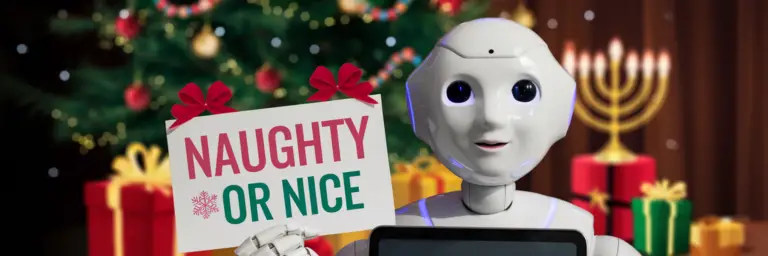 Robot holding 'Naughty or Nice' sign by Christmas tree