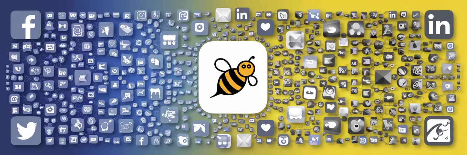 Bee logo surrounded by various social media icons.