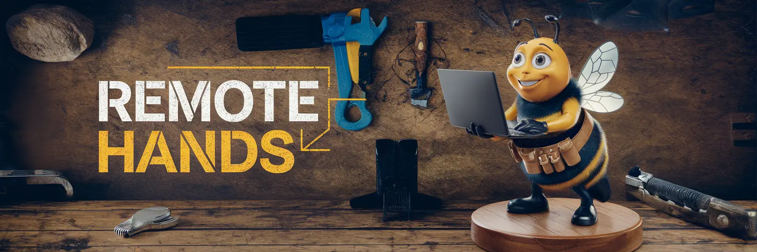 Bee with laptop in workshop labeled 'Remote Hands'