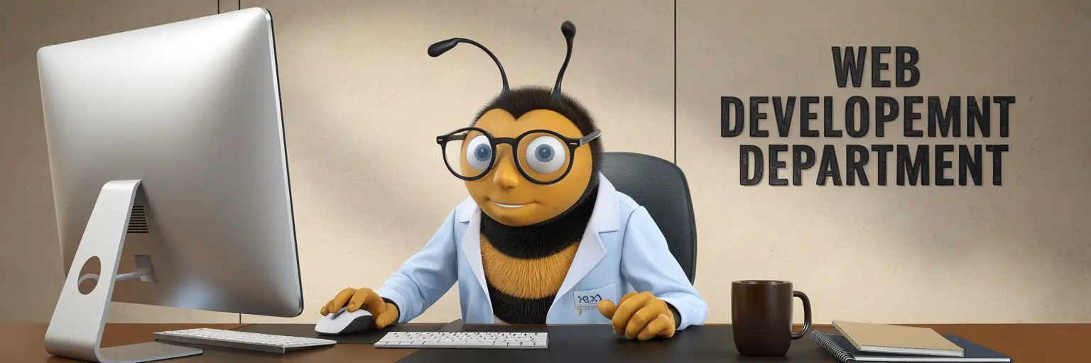 Cartoon bee in lab coat at computer desk