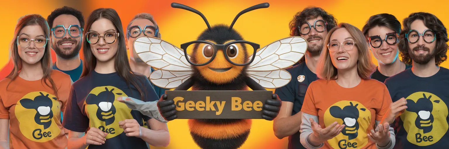 Group wearing glasses with Geeky Bee mascot.