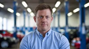 Man in blue shirt standing in automotive workshop