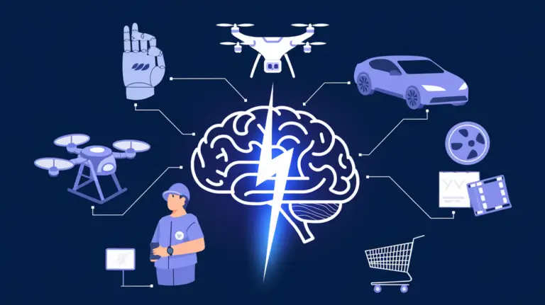 Illustration of AI brain linked to various modern technologies