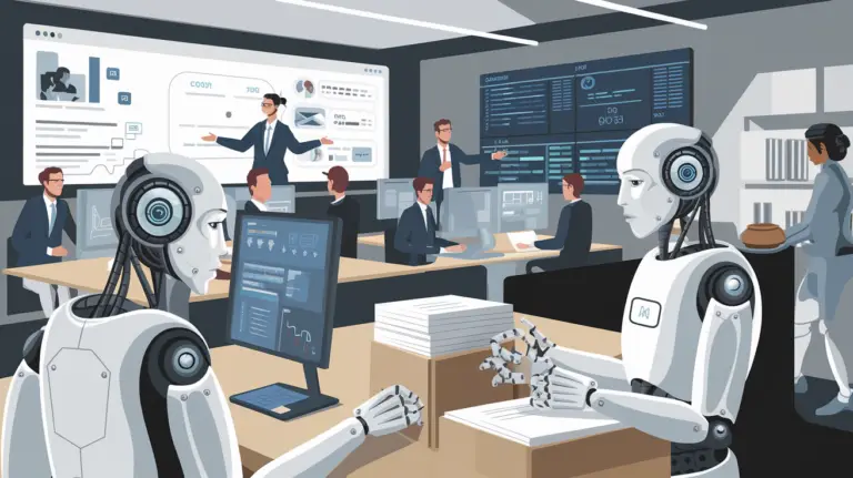Futuristic office scene with humans and robots collaborating