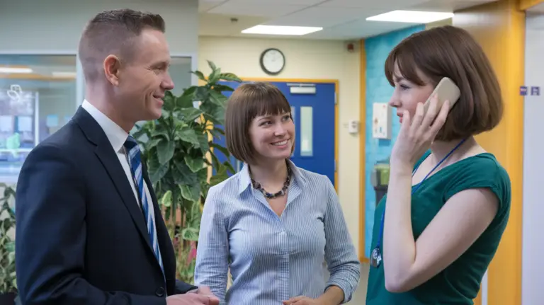 Three professionals conversing in an office corridor