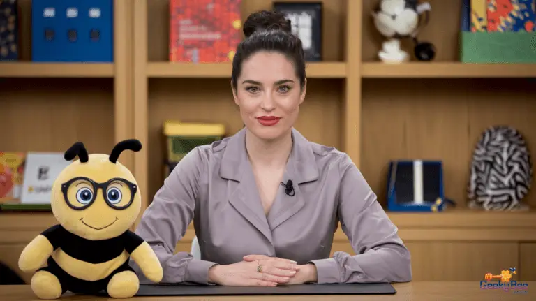 Educator with bee plushie in educational TV studio