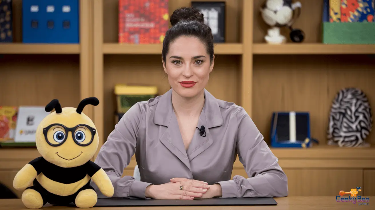 Educator with bee plushie in educational TV studio
