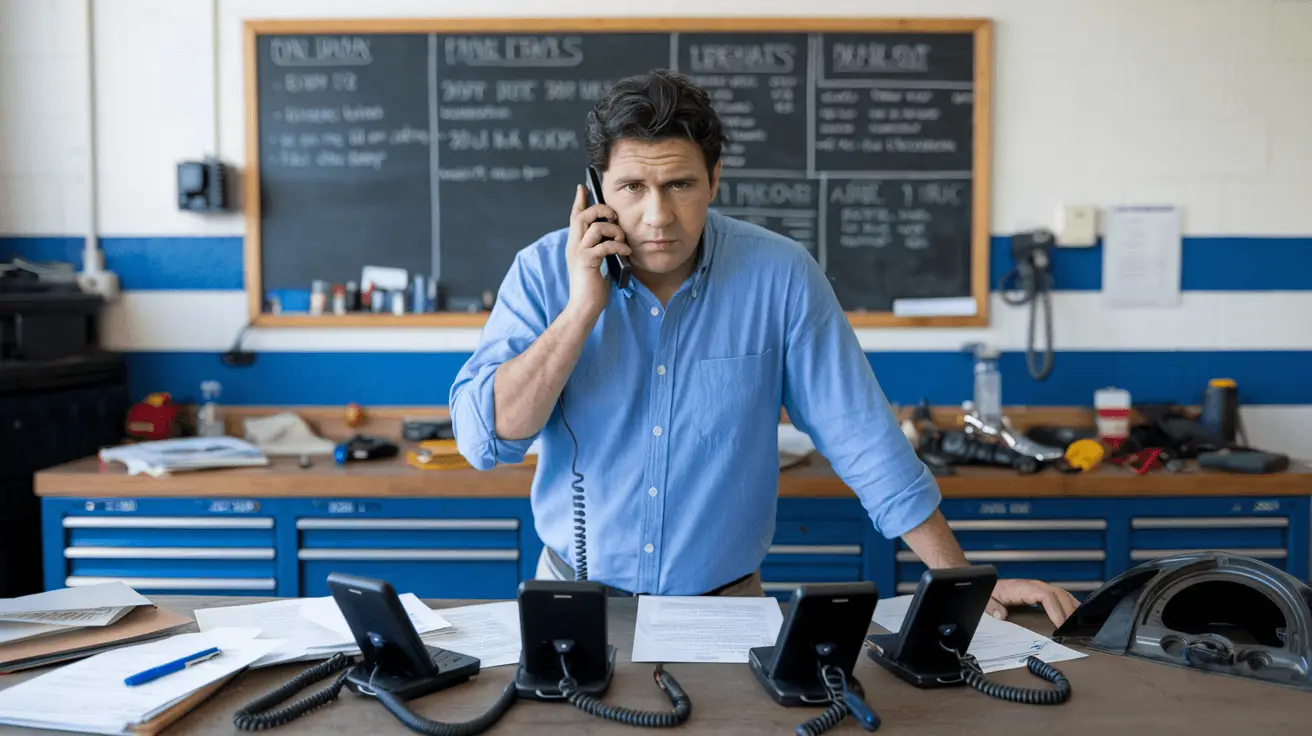 Man on phone in busy auto repair shop office