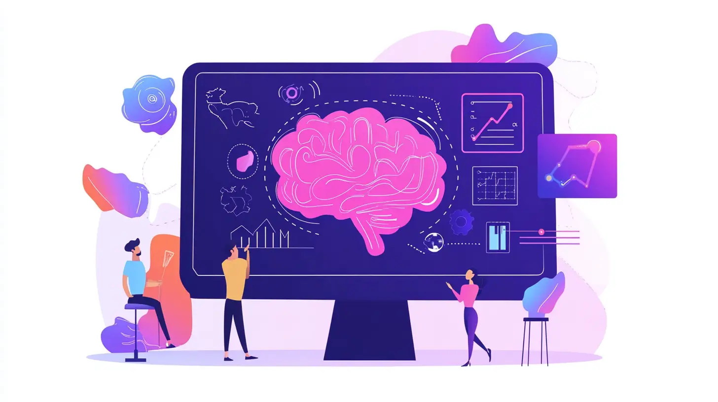 People analyzing giant brain analytics display