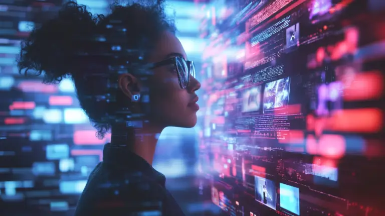 Woman viewing futuristic digital data screens
