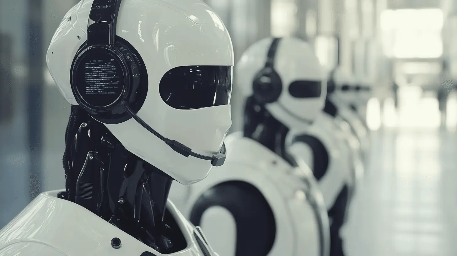 Futuristic robots with digital face displays in hall